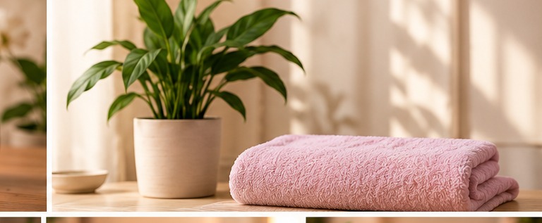 Fresh towel and green plant in a warm room