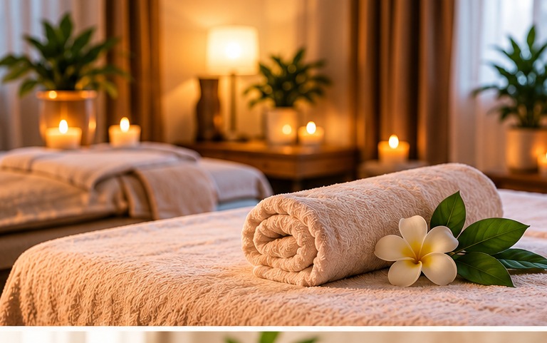 Warm massage room with soft lighting, towels and flowers