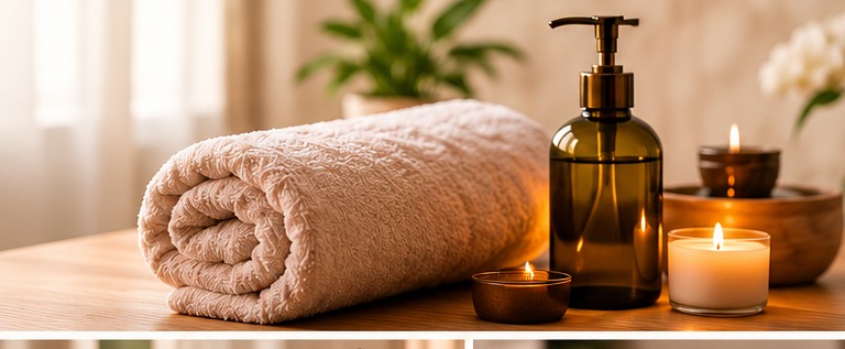 Folded towels and massage oil in warm candlelight